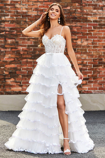 Bianco A-Line Sparkly Paillettes Ruffle Gonna Corsetto Abito da ballo a più livelli con fessura